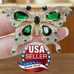 Butterfly Brooch Pin for Women •Rhinestones & Green Faux Emeralds •Vintage Style